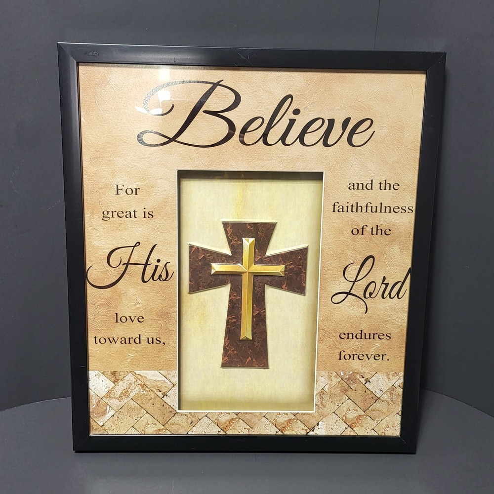 Interiors by Design Framed Wall Art Believe Religious 3D Cross Black Frame 15x17